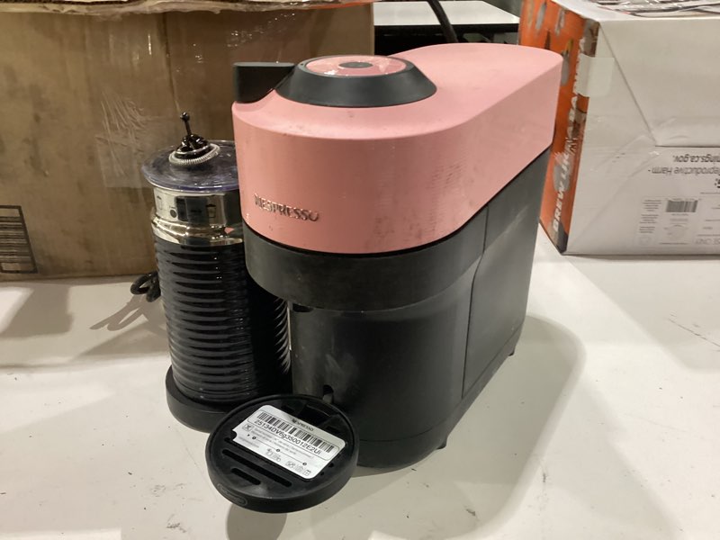 Condition photo showing As Is for damaged used not tested nespresso vertuo pop+ coffee and espresso maker by de'longhi with milk frother, candy pink machine + frother candy pin