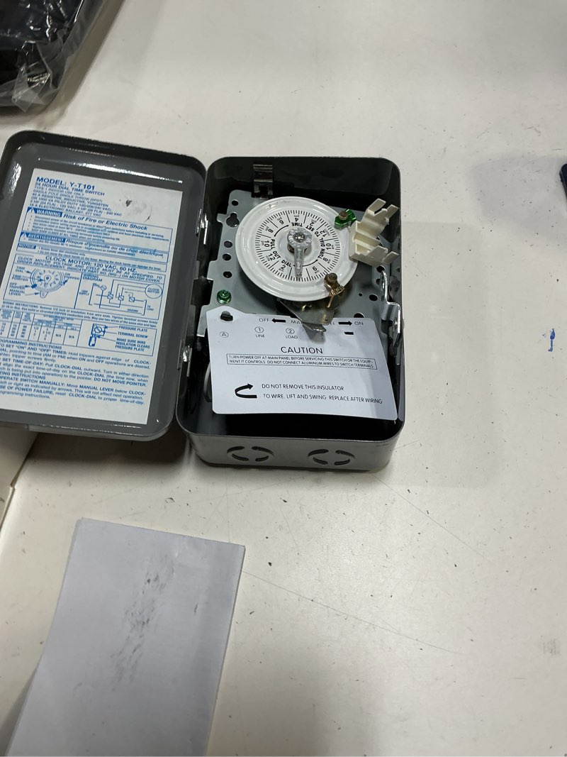 Condition photo showing As Is for T101 24-Hour Mechanical Time Switch Pool Pump Timer with Metal Enclosure, 120V, 40A, 60Hz, SPST, 12 ON/Off Operations, Manual Override Pool Timer for Pumps, Lights, Fans, and HVAC Systems
