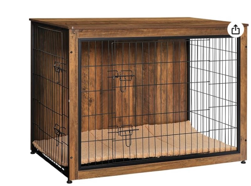 DWANTON Dog Crate Furniture with Cushion, Wooden Kennel Table with Double Doors, Indoor Dog House, Extra Large, 43.3" L, Warm Brown