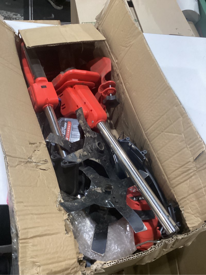 Condition photo showing As Is for cordless 2-in-1 tiller & weed whacker combo, 800w brushless motor, 12"x9" rototiller, 8" trimmer, 2x21v 6.0ah battery, electric weed eater & garden tiller, perfect for lawn care & gardening tools
