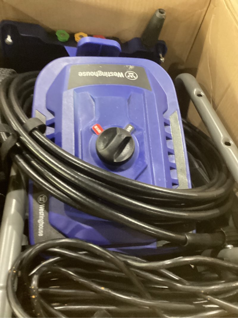 Condition photo showing As Is for NOT TESTED Westinghouse WPX2300e Electric Pressure Washer, 2300 Max PSI and 1.76 Max GPM, Induction Motor, Onboard Soap Tank, Spray Gun and Wand, 5 Nozzle Set, for Cars/Fences/Driveways/Homes/Patios/Furniture