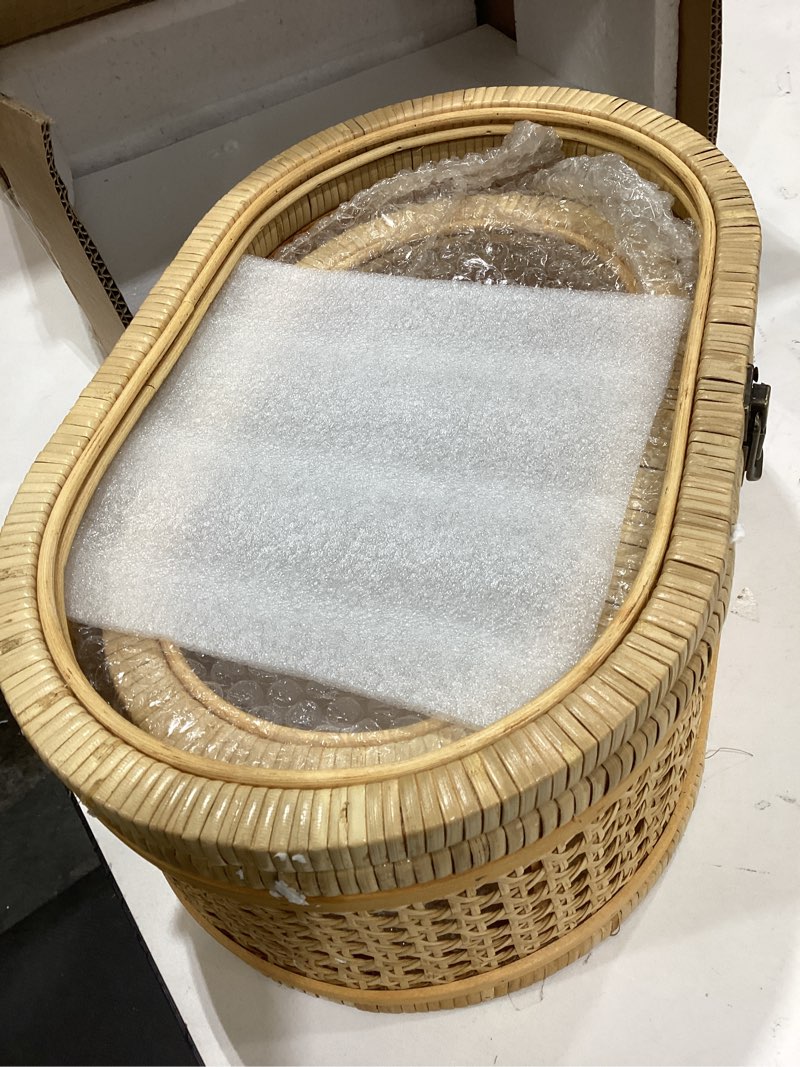 Condition photo showing As Is for Rattan Decorative Box with Lid, oval  Woven with Glass for Display, Set of 2 Wicker for Decor 12.2\"L x 7\"W x 5.1\"H