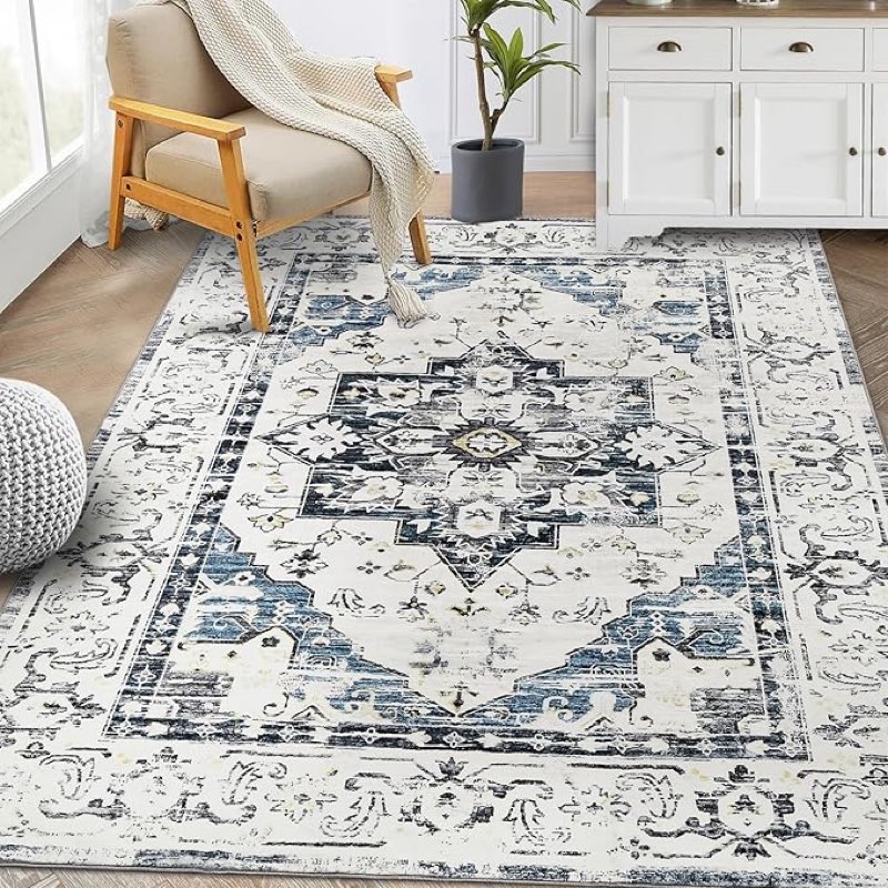 CAROMIO Boho Washable Rug for Living Room, 5x7 Area Rugs Non Slip, Blue Large Carpet for Kitchen Bathroom Bedroom Entryway Laundry Living Room