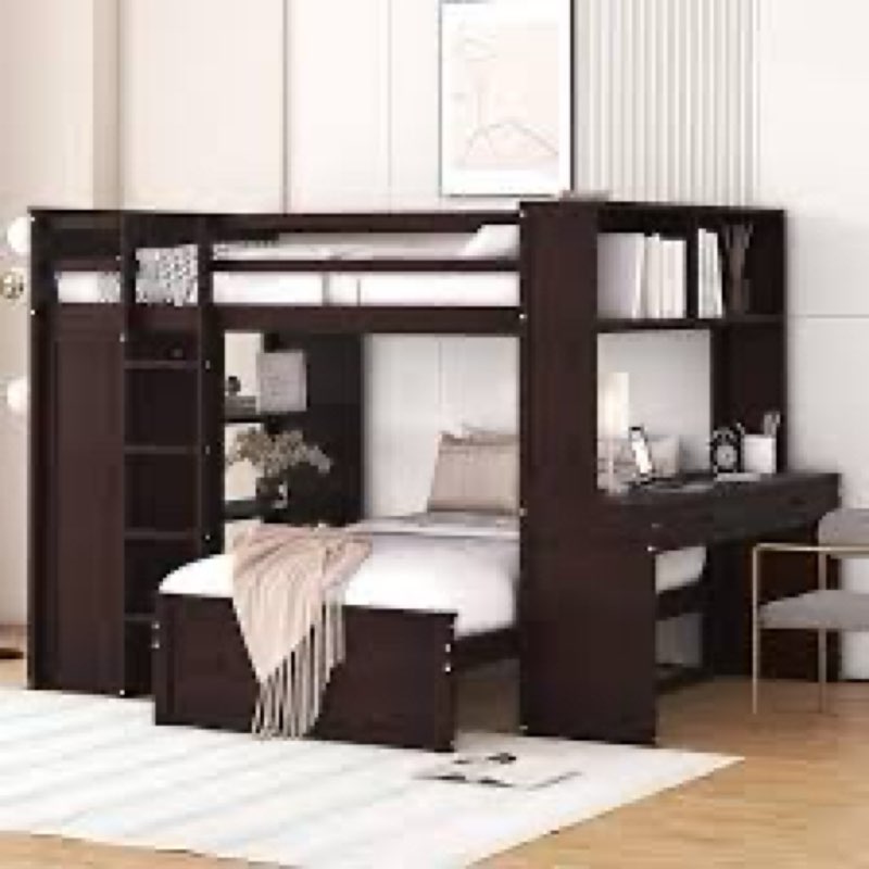 (Incomplete) Twin Size Loft Bed With A Stand-Alone Bed, Shelves,Desk,And Wardrobe Color: Espresso, Size: Full