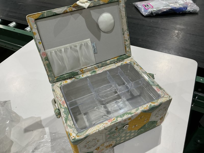 Condition photo showing As Is for hobby gift medium sewing box organiser, fabric covered storage box with handle, internal tray, pin cushion and pocket for sewing, quilting and knitting supplies
