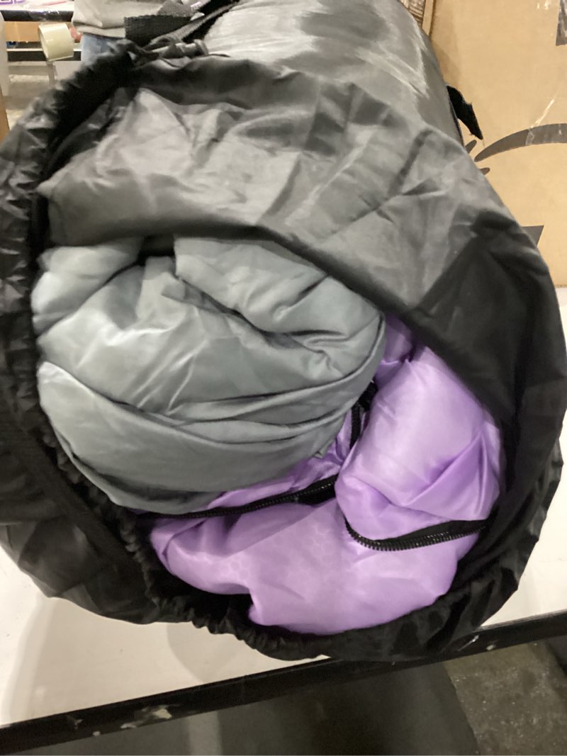 Condition photo showing As Is for Sleeping Bag - Double Camping Sleeping Bags 2 Person for Adults Kids Boys Girls for Hiking Backpacking - Warm Cold Weather Lightweight Portable with Compression Bag for Indoors Outdoors Activities Purple