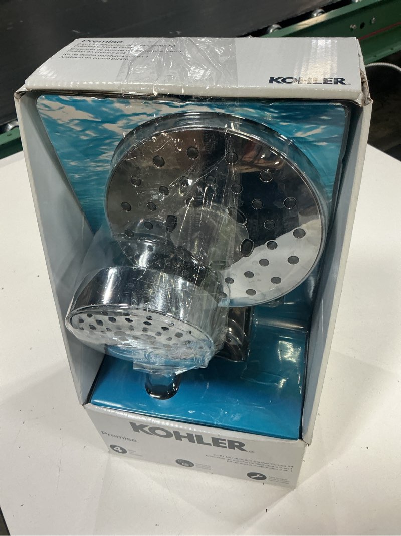 Condition photo showing As Is for kohler premise 3 -settings polished chrome 6-in round dual/combo shower head 1.75 gpm