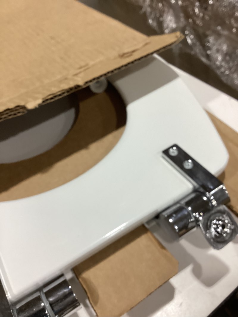 Condition photo showing As Is for mayfair bennett toilet seat with chrome hinges, slow close wood seat, secure metal hinges, easy install, made in usa, round, white round chrome