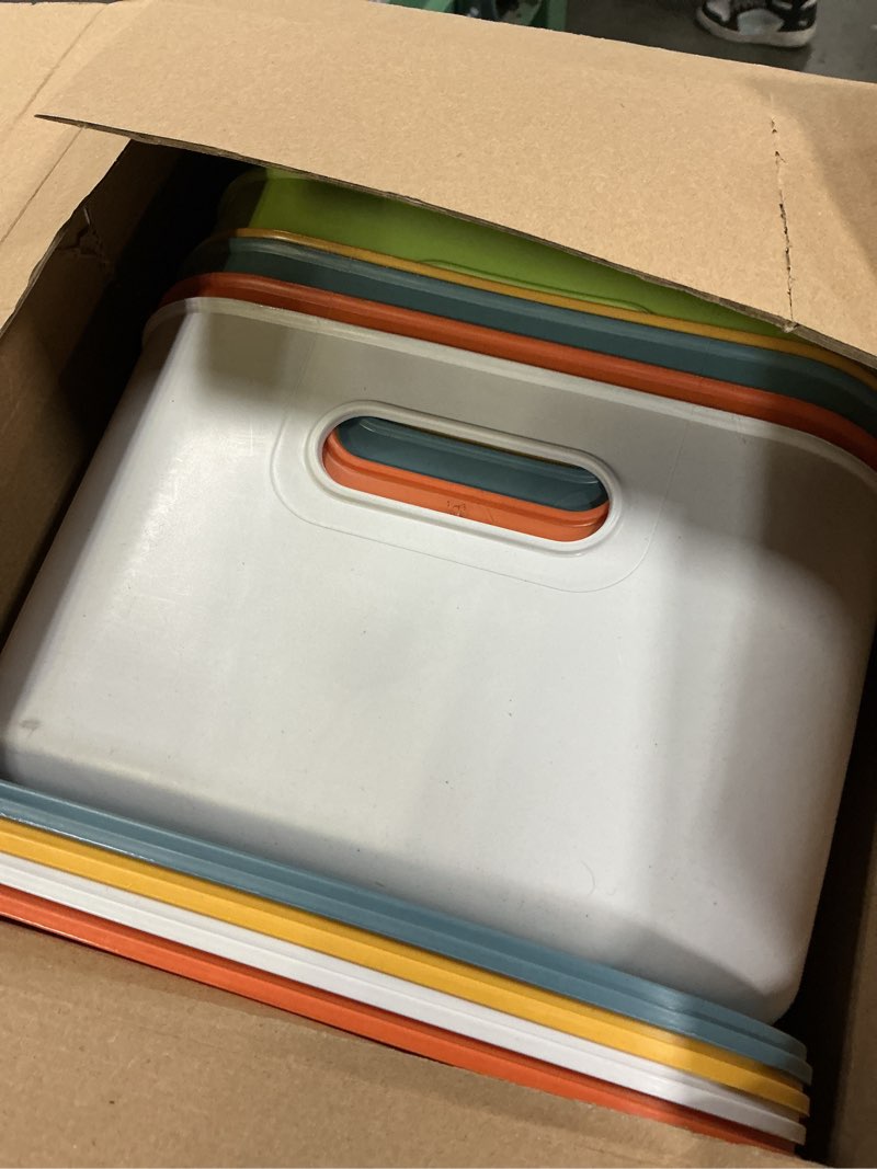 Condition photo showing As Is for Thyle 6 Pcs 14 In Colorful Plastic Storage Bins 6 Colors Stackable Large Capacity Plastic Desktop Storage Box with Handles Lids, Labels and Marker for Office Classroom Cabinet (14 x 10 x 6 Inch)