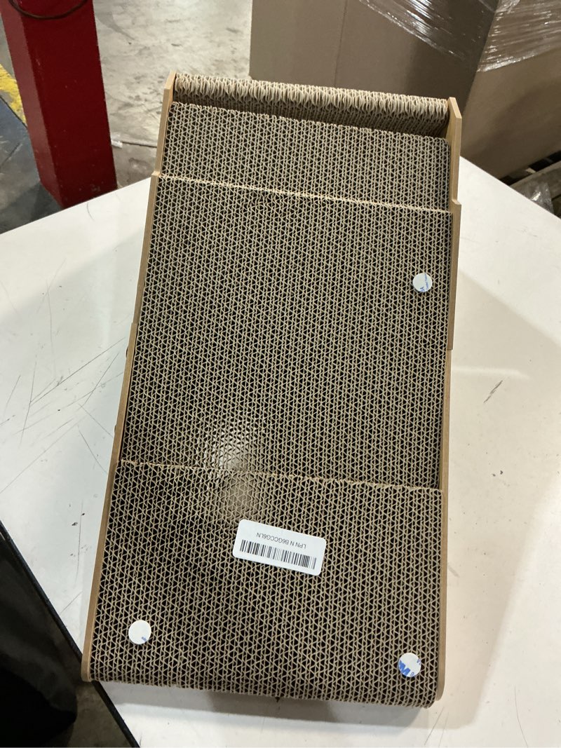 Condition photo showing Good Condition for eheyciga cardboard cat scratcher for indoor kitten cats, 19 inch l shaped vertical cat scratching board with ball cat toy, small cat scratcher pad, brown 11.4x9.75x19 brown