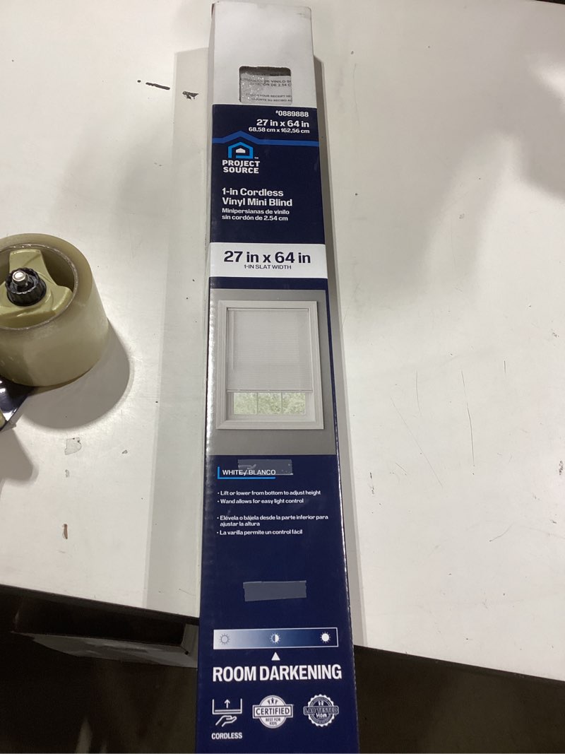 Condition photo showing item condition for project source room darkening 1-in slat width 27-in x 64-in cordless white vinyl