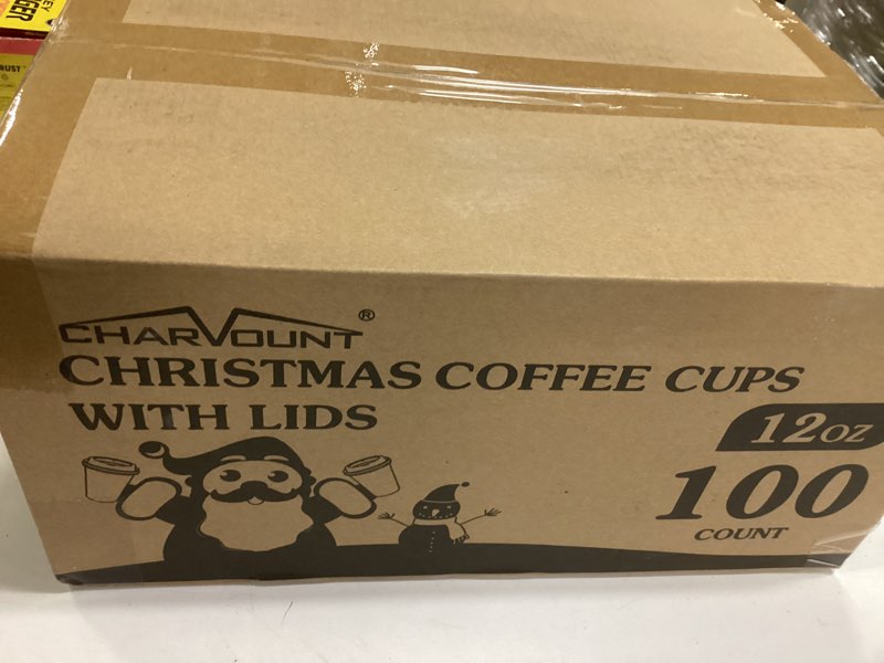 Condition photo showing New/Like New for Charmount 100Pcs 12 Oz Christmas Disposable Paper Coffee Cups with Lids, To Go Coffee Cups for Hot Chocolate, Cocoa, Hot Tea, Drinks and Christmas Party and Coffee Bars Decoration Supplies 12oz-Christmas
