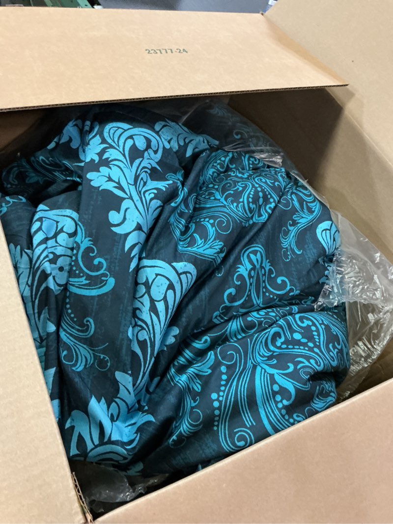 Condition photo showing As Is for wongs bedding 7 piece king comforter set, teal texture breathable microfiber comforter bedding set for all season, damask bed in a bag with comforter, flat sheet, fitted sheet, pillowcases & shams teal king