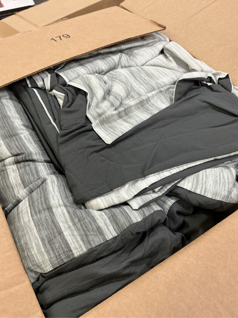 Condition photo showing As Is for monbix queen comforter set - 7 pieces bed in a bag queen, grey-stripe bedding sets, all seasons comforter bed set with sheets, pillowcases & shams grey-stripe 7piece-queen(90”x90'')
