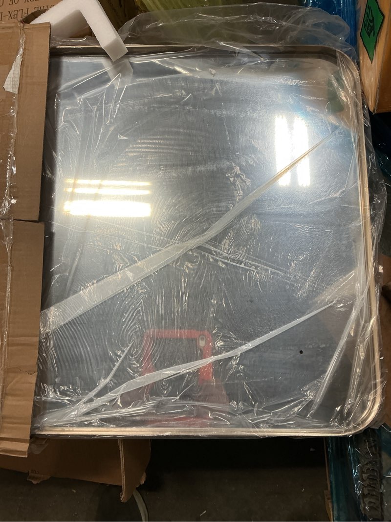 Condition photo showing Good Condition for Brushed Gold Bathroom Mirror 24x36 Inch, Rounded Rectangular Bathroom Mirrors, Aluminum Alloy Frame Bathroom Mirror, Farmhouse, Hangs Horizontally or Vertically, HD Tempered Glass 36"L x 24"W Brushed Gold