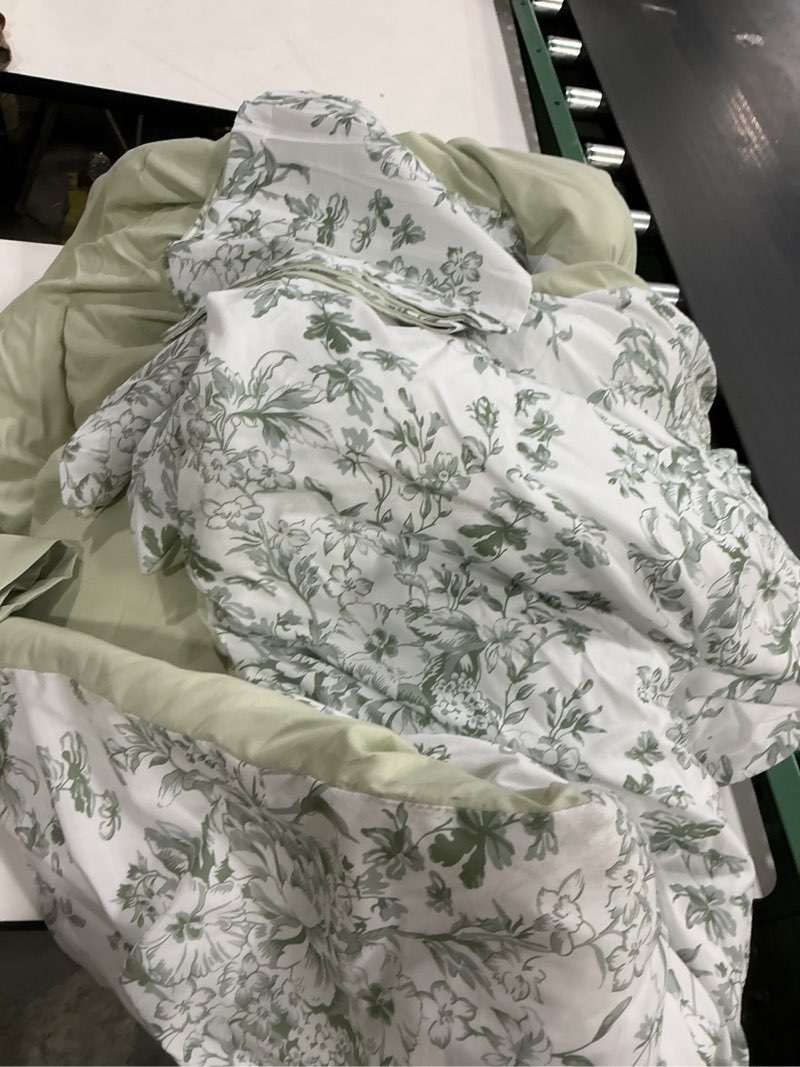 Condition photo showing As Is for WONGS BEDDING 8 Pieces Queen Size Comforter Set Green, Sage Green Floral Bed in a Bag Comforter Sets, Soft Reversible Botanical Flowers Bedding Sets for All Season (90"x90") Sage Green Queen