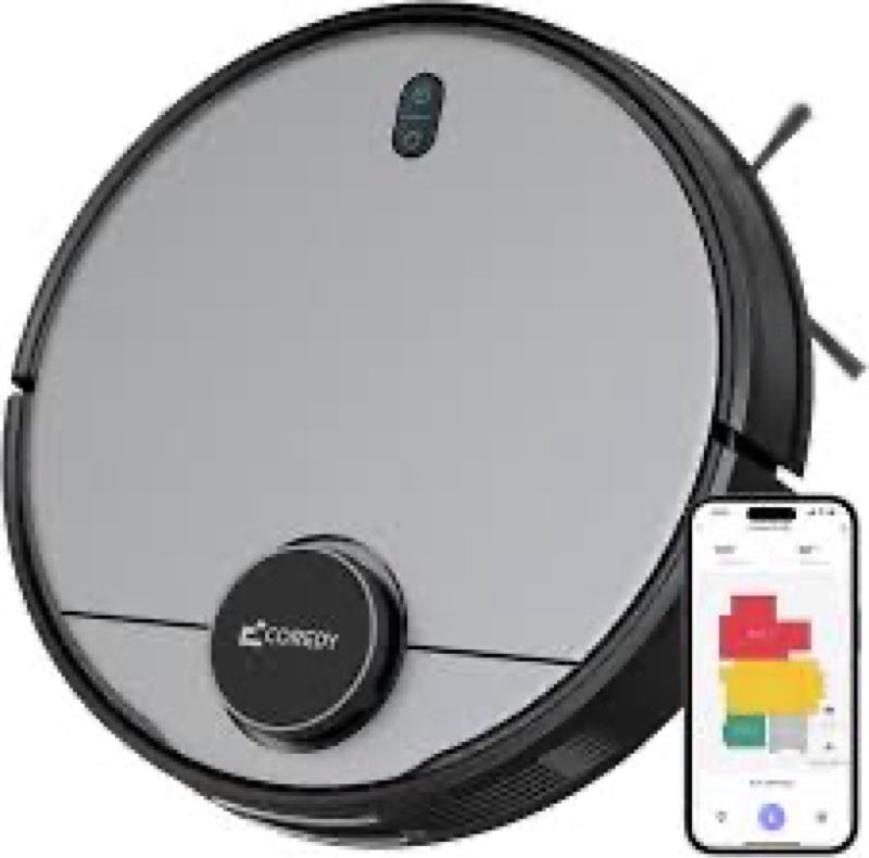 Coredy SL200 Robot Vacuum, Cutting-Edge Laser Navigation, 2600Pa Turbo Suction, 450ml Dustbin, 120mins Runtime, Mapping x 5, Wi-Fi/Alexa Robotic Vacuum Cleaner, Cleans Floors and Carpets, Pets Hair