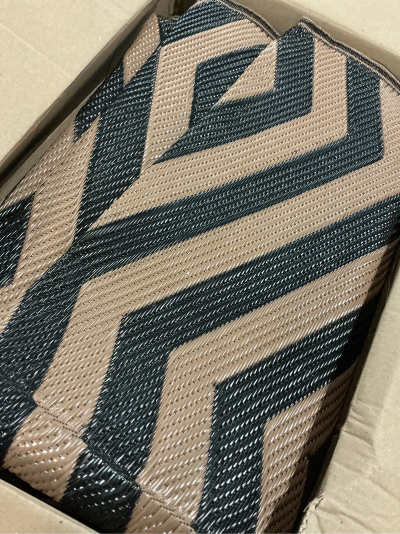 Condition photo showing Good Condition for genimo outdoor rug for patio clearance, 8'x10' reversible plastic straw rugs, lightweight waterproof modern rv camping mat for camper, balcony, deck, backyard, picnic, black brown black&brown-x 8' x 10' (rectangular)