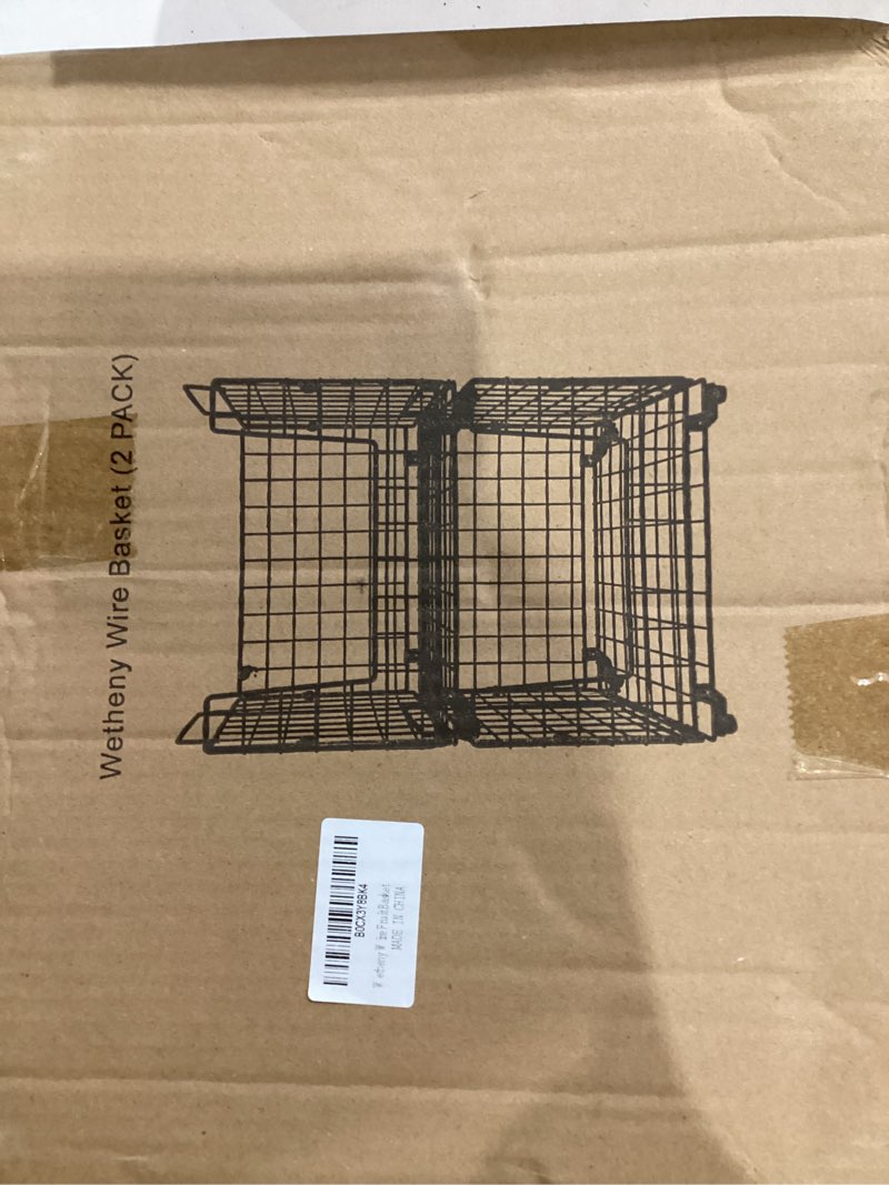 Condition photo showing Good Condition for Wetheny 2pcs Fruit Basket Onion Storage Wire Basket with Wood Top- Wall Mounted & Stackable Kitchen Counter Organizer,Cabinet Organizer Bin for Potato,Produce,Bread,Snack Storage(Matte Black) Wire Basket with Wood Top - Black