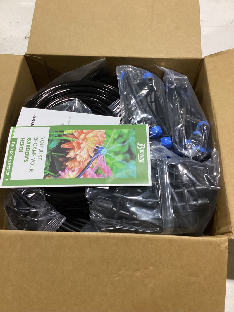 Condition photo showing Good Condition for drip irrigation system kit for garden watering, 230ft quick connect | for garden, raised beds, greenhouses, with 33ft 5/16" mainline + 1/4" tubing + 40 emitters, 20-45 psi and up to 40 gph 230 ft - 33 ft 5/16" tubing + 197 ft 1/4" tubing