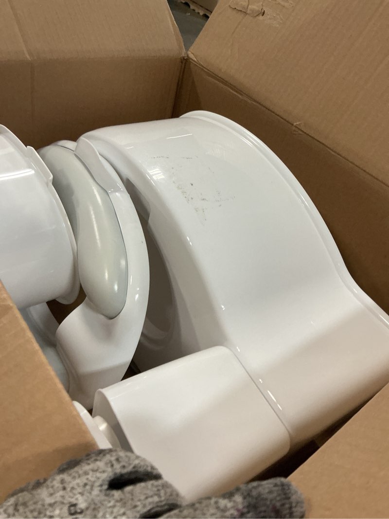 Condition photo showing As Is for regalo 2-in-1 potty training and transition potty with flushing sound, removable seat, bonus kit, oversized foam soft seat, and wipe storage, white potty trainer