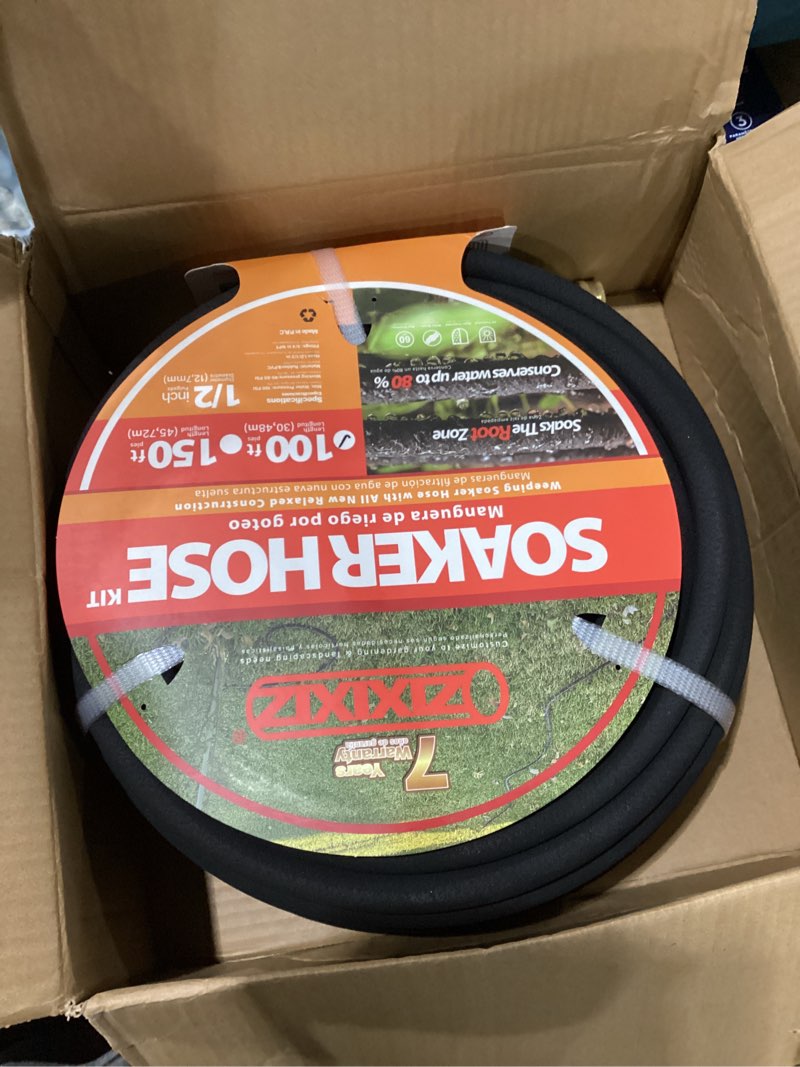 Condition photo showing New/Like New for 100ft 1/2-inch soaker hose, flexible with solid brass connector, leak-resistant watering system for gardens & vegetable beds 100 ft