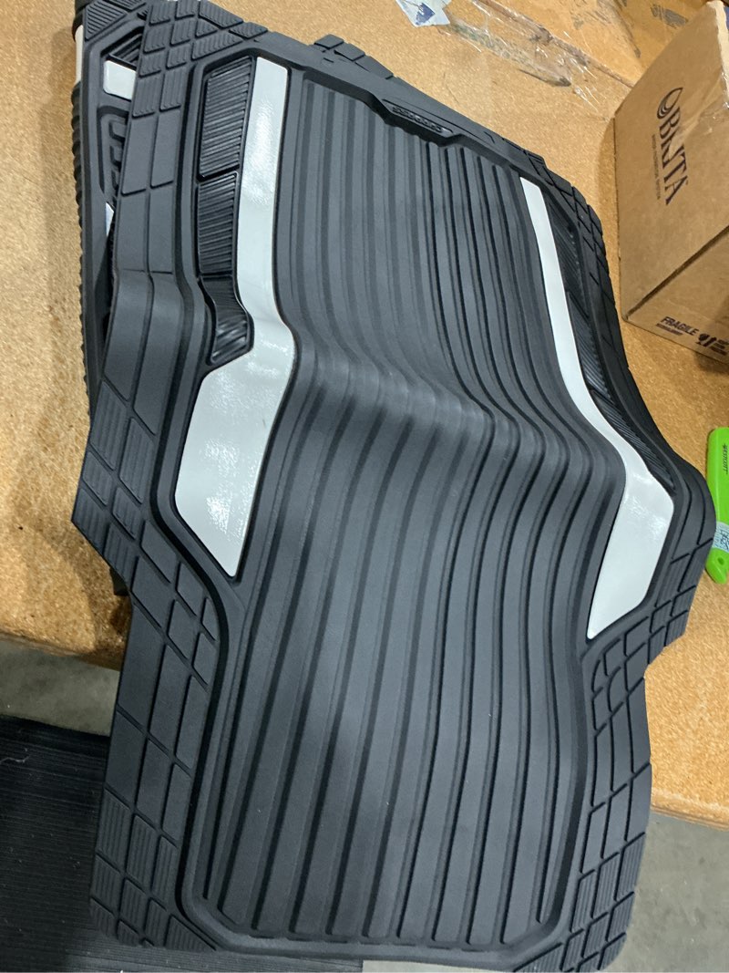 Condition photo showing Good Condition for car pass heavy duty rubber car mats metallic, aluminum film all weather floor mats waterproof universal trim to fit for suv sedan van 4 piece deep dish two-tone sporty black silver chrome black and silver