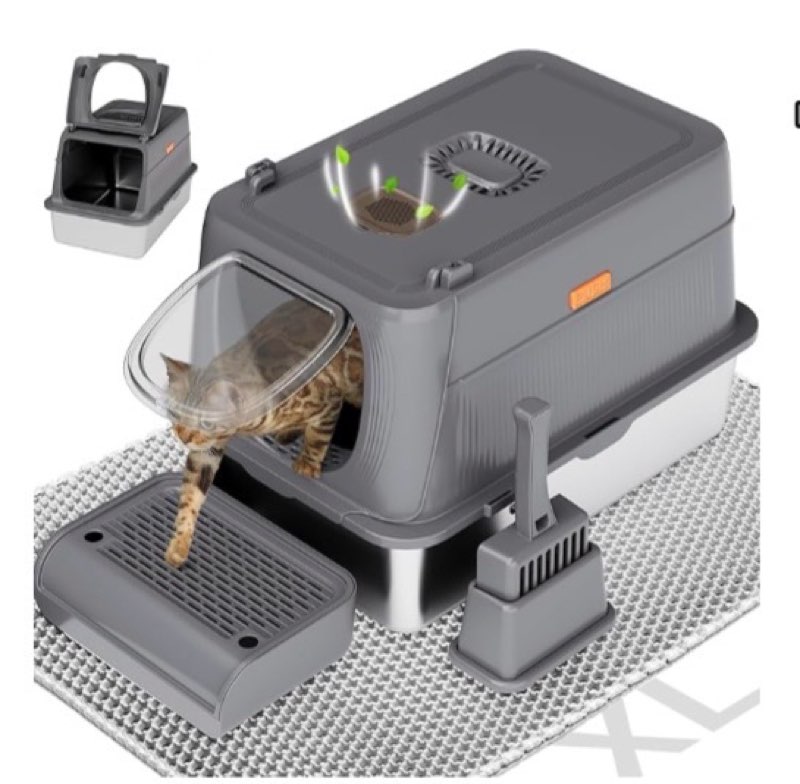 (Similar)Stainless Steel Cat Litter Box with Lid - XL 18\" Deep for Big Cats,180° Flip-Top?Odor-Free & Anti-Le