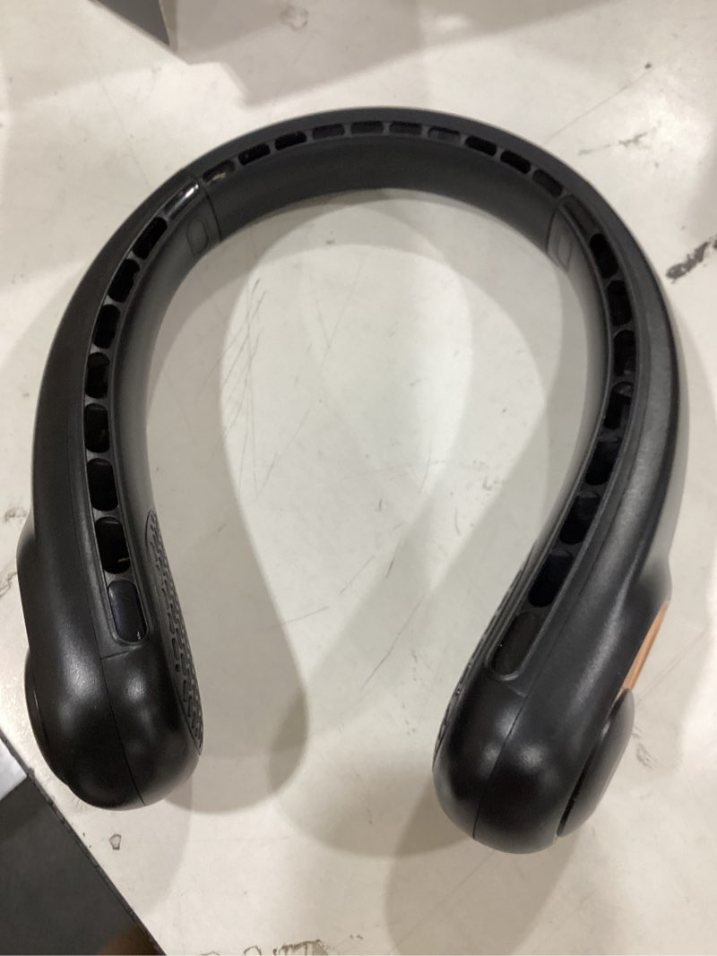 Condition photo showing As Is for kidee neck fan, portable bladeless neck fans, upgrade 360° airflow, super quiet, 3 speeds, 4000mah personal wearable neck fan, upgraded cooling air volume usb rechargeable hands free fan dark-black