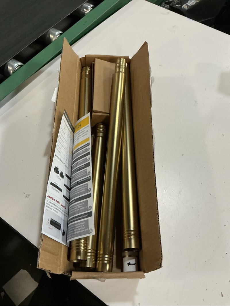 Condition photo showing As Is for ynl shower curtain rod 34-82 inches (2.8-6.8ft) adjustable spring shower rod no drilling, non-slip, never rust, stainless steel, suitable for bathroom window living room, gold gold m:34-82"