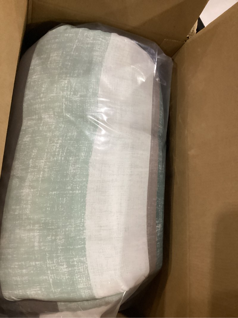 Condition photo showing New/Like New for madison park essentials queen comforter set, bed in a bag comforter & sheet set, modern casual stripes print, all seasons, soft microfiber bedding makeover, matching shams, queen aqua/grey 7 piece aqua/grey queen