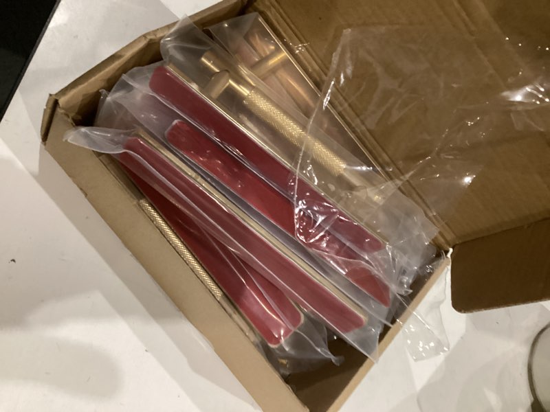 Condition photo showing New/Like New for 12 Pack 5 Inch 128 mm Self-adhesive Gold Barrel Knurled Cabinet Handles with Base Plate Aluminum Cabinet Pulls for Drawer Sliding Door Charcuterie Board Gold Drawer Handles Drill&Punch Free 5 Inch BarrelGold 3M 12