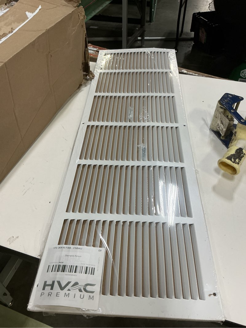 Condition photo showing New/Like New for HVAC Premium 36'' x 10'' [Duct Opening] Flat Stamped Steel Return Air Grille - Sidewall and Ceiling - HVAC Vent Duct Cover - White [Outer Dimensions: 37.75''w X 11.75''h] 36 x 10