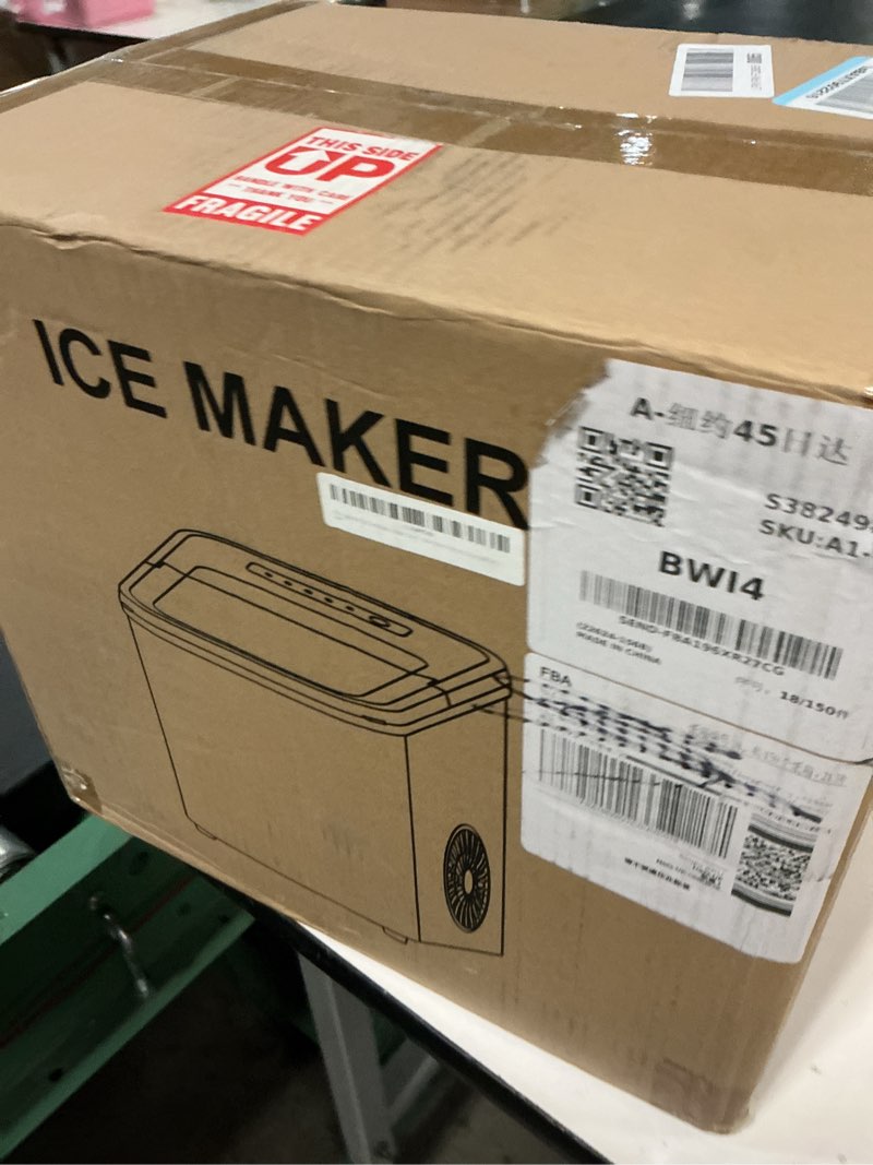 Condition photo showing New/Like New for 38lbs per day countertop ice maker, 9 ice cubes in 3.5 minutes, self-cleaning portable ice machine with 2 bullet sizes for kitchen, camping, rv, and party