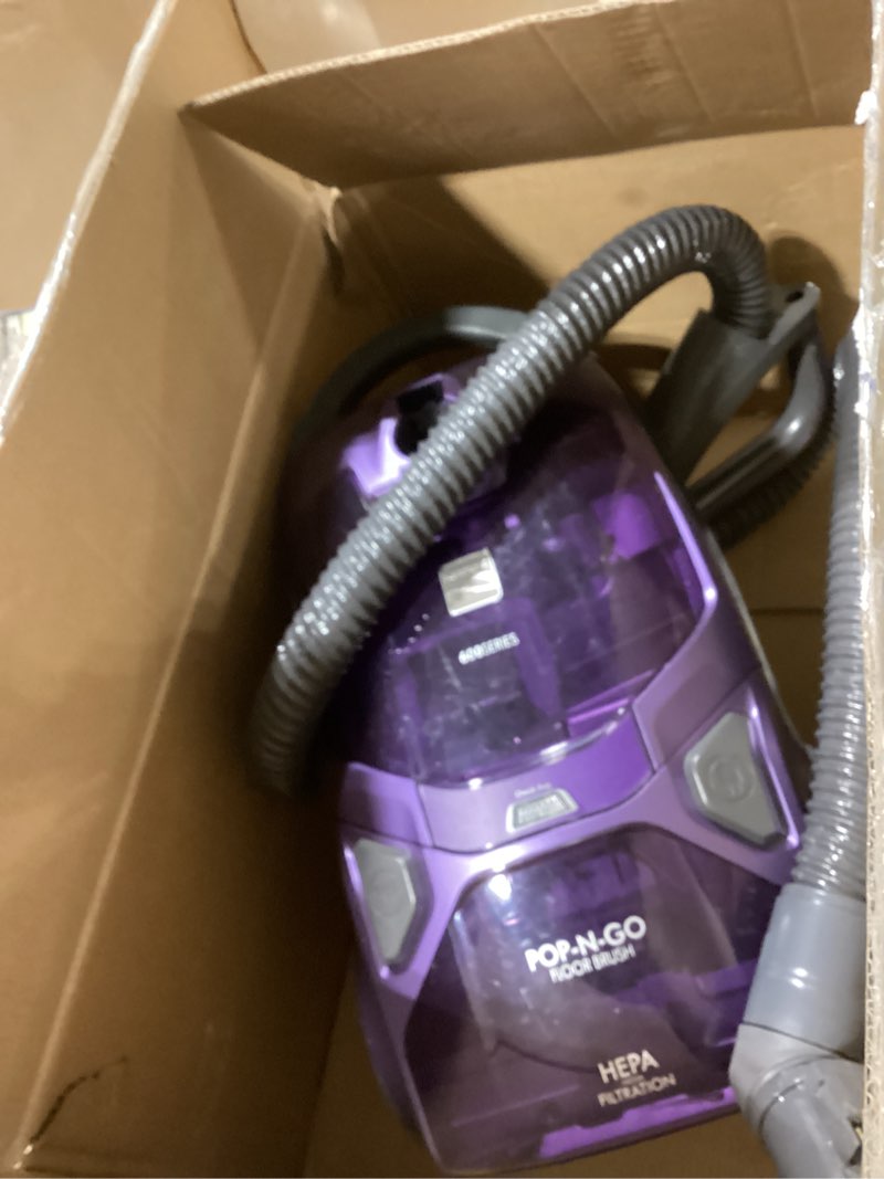 Condition photo showing As Is for Kenmore 600 Series Pet Friendly Lightweight Bagged Canister Vacuum with Pet PowerMate, Pop-N-Go Brush, 2 Motors, HEPA Filter, Aluminum Telescoping Wand, Retractable Cord and 4 Cleaning Tools, Purple incomplete 