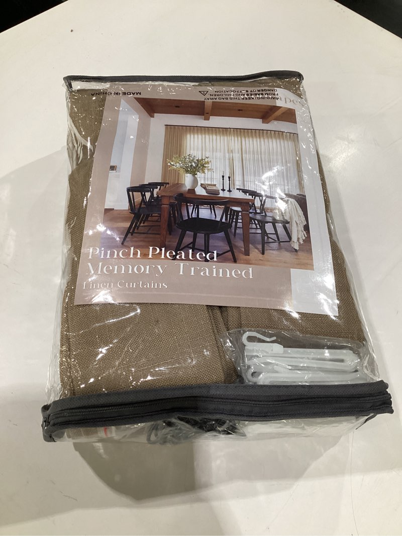 Condition photo showing New/Like New for Light Brown 90 Inch Linen Curtains Pinch Pleated for Living Room Bedroom Dining Boho Light Filtering Pinch Pleat Drapes Hooks Rings Back Tab Semi Sheer Tan Latte Coffee Color Window Curtains 2 Panels Latte 40"W x 90"L (Pack of 2)
