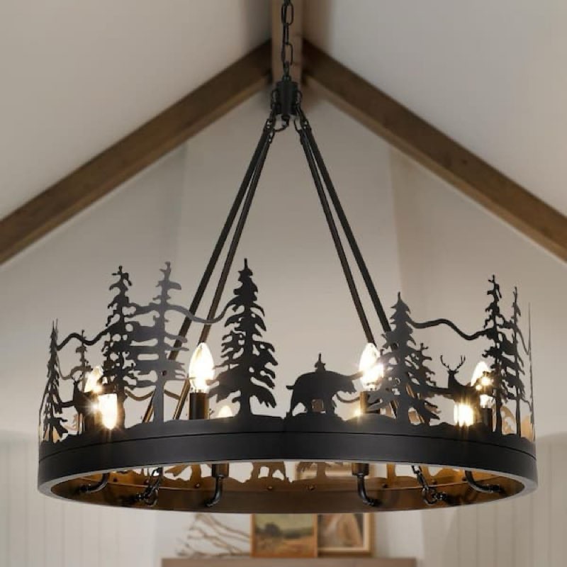 Tinkoso 8-Light Black Wagon Wheel Chandelier,30-inch Farmhouse Black Chandelier Rustic Candle Pendan
