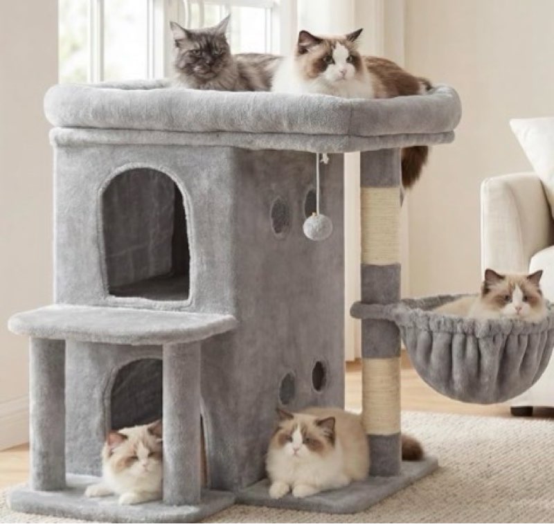 heybly cat tree, 25.6-inch cat tower with spacious top perch for large cats, stair-style cat house furniture with dual-layer condos, sisal scratching posts, cozy basket & pompom, beige hct204sm 25.6 inch beige