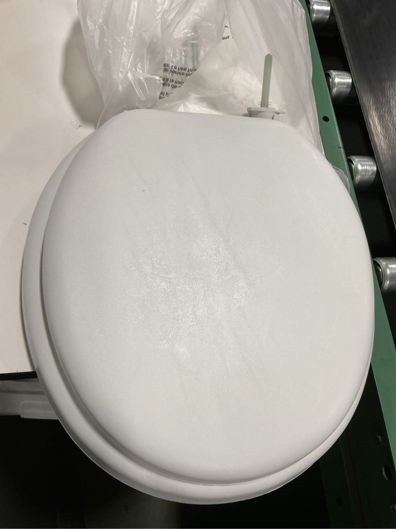 Condition photo showing Good Condition for Mayfair Padded Toilet Seat with Chrome Hinges, Soft Vinyl over Wood Core Seat, Made in USA, Round, White