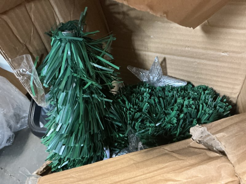 Condition photo showing As Is for Juegoal 7ft Pre-Lit Artificial Christmas Tree, Lighted Optical Fiber Xmas Trees with Warm White Large Stars & Color Changing Optical Fiber Lights, Party Home Holiday Green Fake Tree with Metal Legs 7 FT