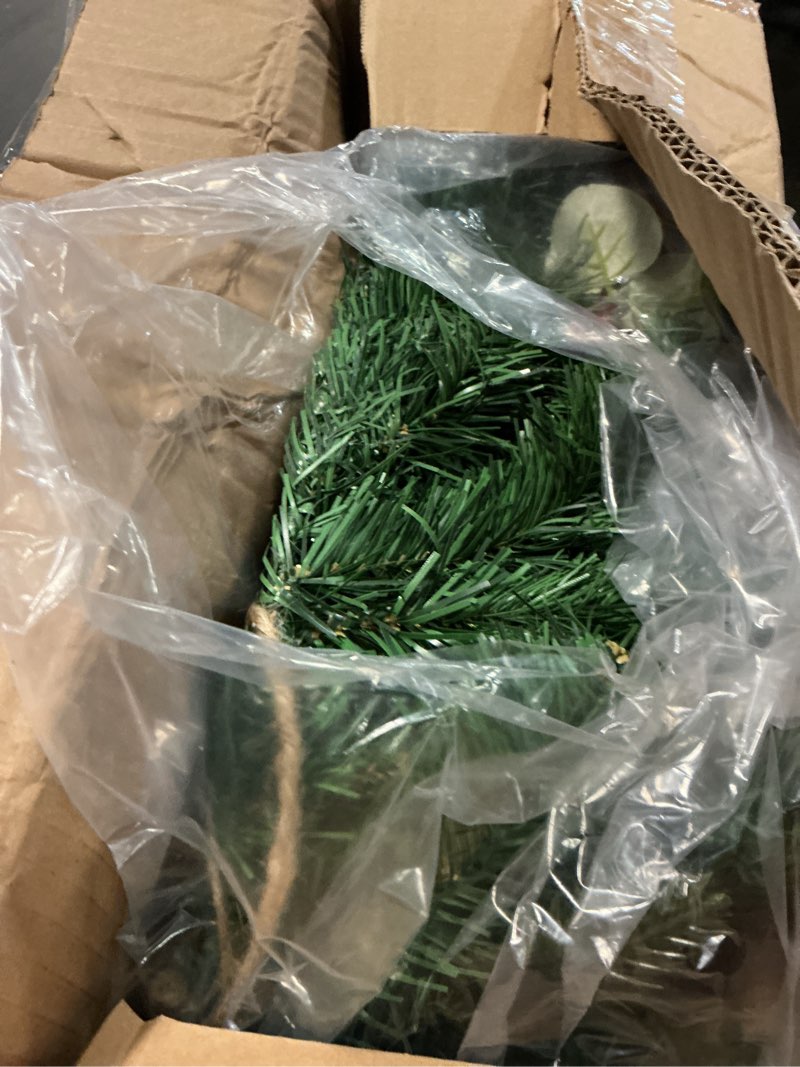Condition photo showing Good Condition for 28’’ pre-lit artificial christmas wreath battery operated 35 led lights with gold, green, and red ornaments, glittering gold leaf steams for front door, xmas wreath for holiday christmas decorations classic