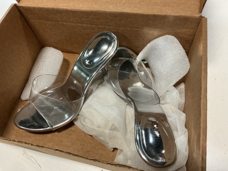 Condition photo showing Good Condition for nbuunbu silver clear heels for women dress shoes transparent strap sexy stilletos heels open toe high silver heeled sandals pump mules 7 silver-3.74in