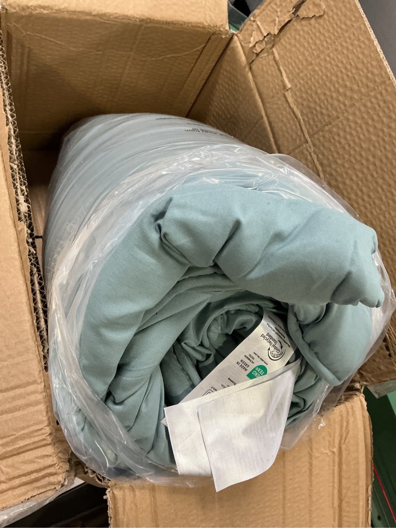 Condition photo showing Good Condition for Amazon Basics Lightweight, Soft King Size Comforter Sets, All-Season Down-Alternative 3-Piece Bedding Set, Pinch Pleat Design, Spa Blue Spa Blue King