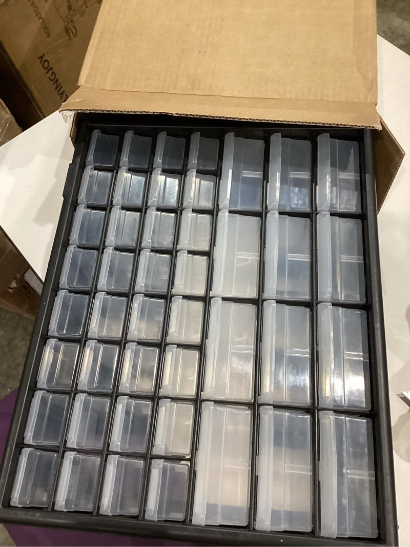 Condition photo showing Good Condition for akro-mils 44-drawer plastic drawer storage cabinet for garage organization, bead organizer, building bricks storage, teacher toolbox, makeup organizer, 20" w x 6" d x 16" h, 10144 black black 44 drawer 1 pack