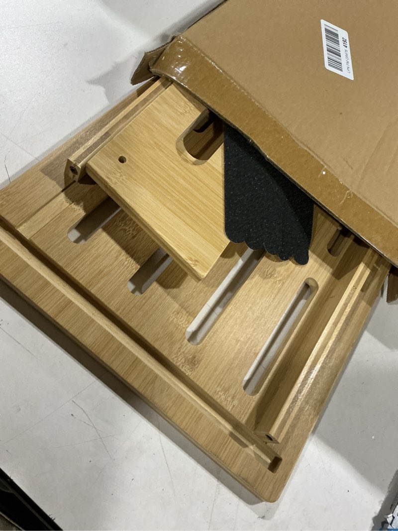 Condition photo showing As Is for one step stool for adults seniors and kids with non-slip surface, natural bamboo stepping stools for high bed, bathroom and kitchen, hold up to 450 lbs, lightweight, waterproof, easy to install