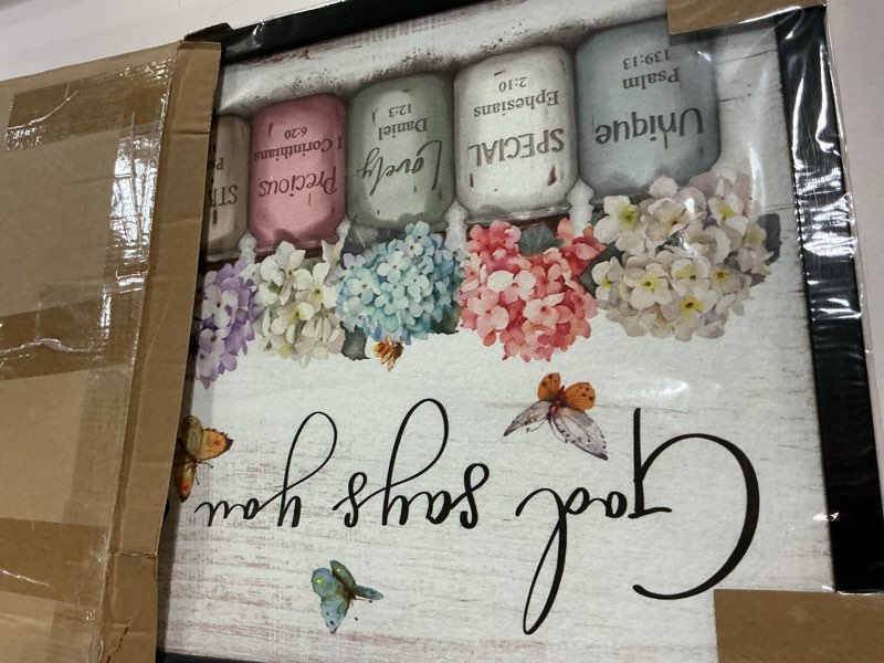 Condition photo showing New/Like New for god says you are wall art: inspirational quotes christian wall art bible verses wall decor religious gifts for women girls,hydrangea flower in mason jar picture poster bedroom decor 16"x20" 16"l x 20"w god says you are