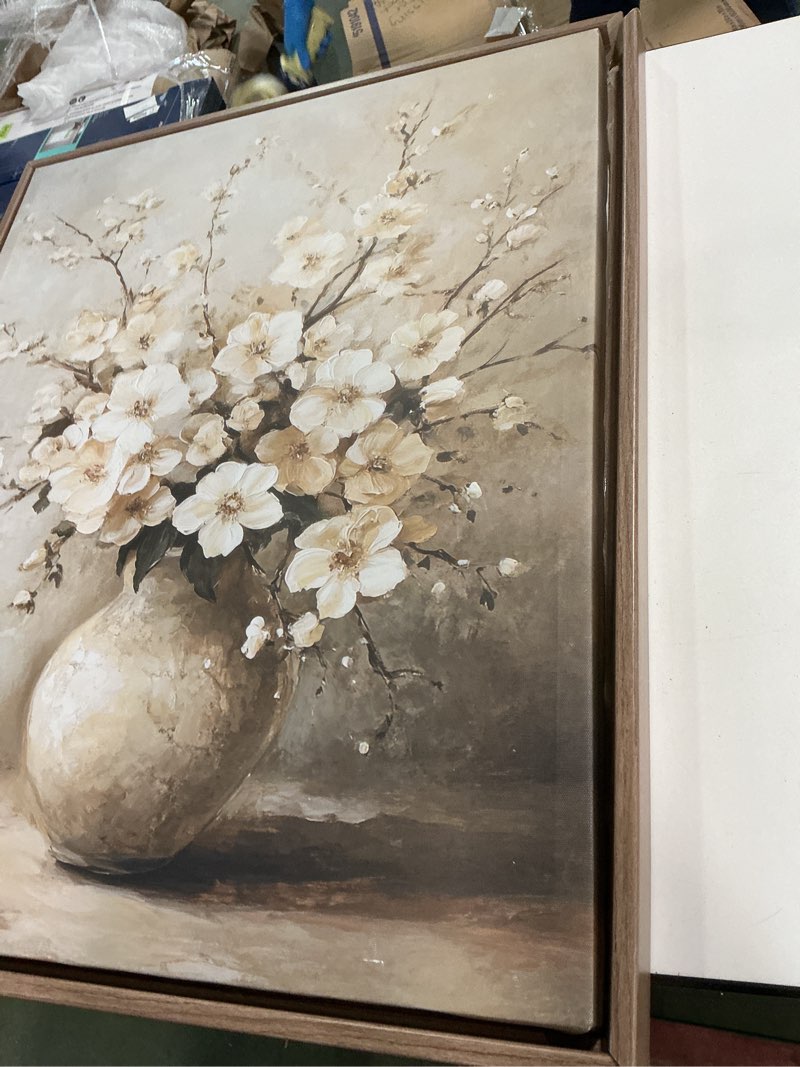Condition photo showing As Is for Stupell Industries Cherry Blossoms in Pottery Brown Floater Framed Canvas Wall Art Design by Petal Prints Design, 25 x 31 Brown Floater Framed Framed 25"L x 31"W