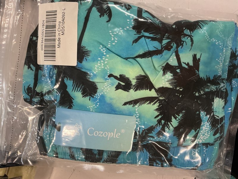 Condition photo showing New/Like New for cozople mens swim trunks with compression liner 7 inch inseam board shorts summer quick dry bathing suit blue palm tree large