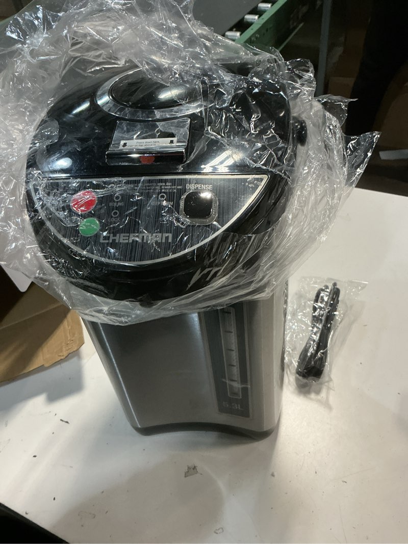 Condition photo showing As Is for nutrichef hot water urn pot 3.38 qt, insulated stainless steel hot water dispenser & boiler, auto & manual dispense, safety lock, electric kettle