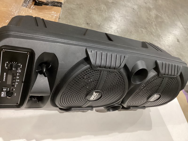 Condition photo showing As Is for pyle portable bluetooth pa speaker system - 600w rechargeable outdoor bluetooth speaker portable pa system w/ dual 8” subwoofer 1” tweeter, microphone in, party lights, usb, radio, remote - pphp2835b